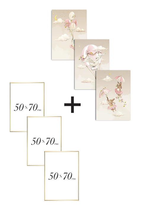 Set Of 3 Posters Air Balloon Real Gold + 3 Gold Metallic Frames 50x70cm